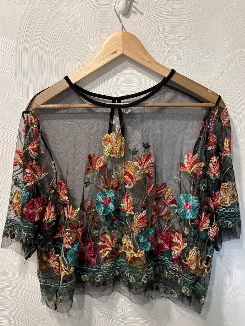 SHEIN Black Sheer Embroidered Floral Crop Top with Multicolor Blooms